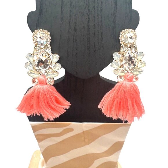 2/$24 Crystal & Coral Pink Tassel Drop Earrings Statement Jewelry - Picture 5 of 9